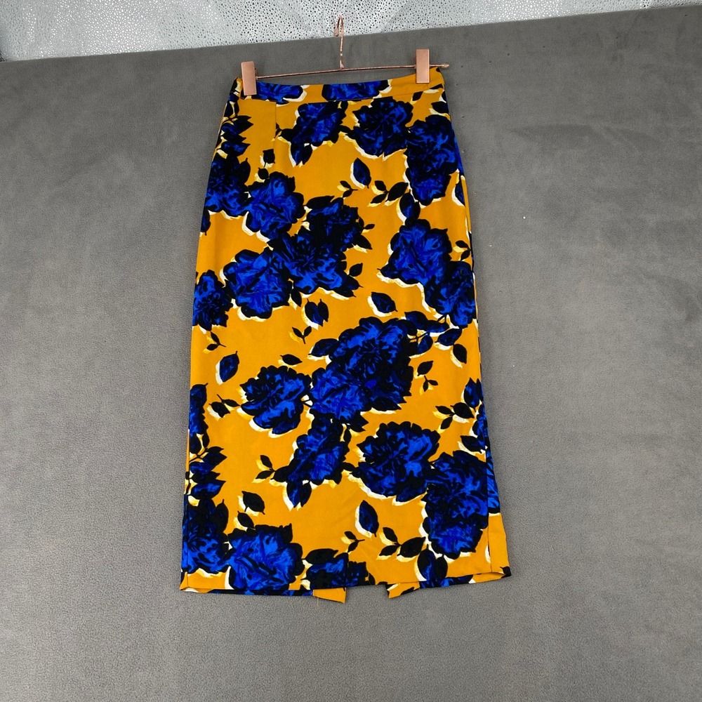 Who What Wear Mustard Yellow Blue Floral Midi Pencil Skirt Size 2 High Waist Sli